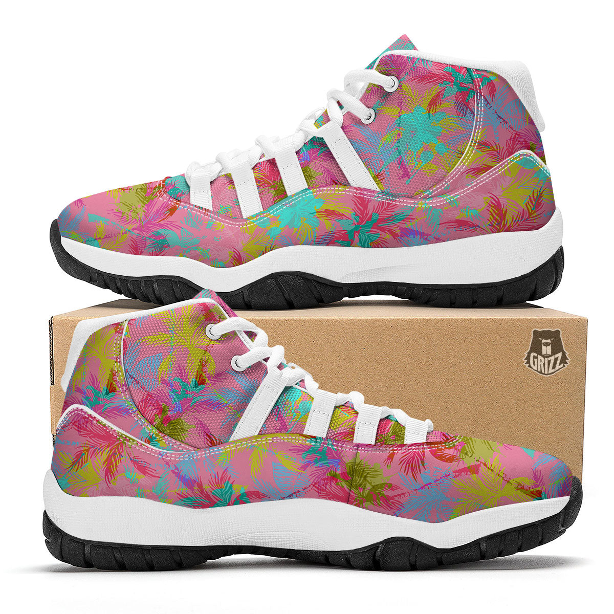 Palm Tree Rainbow Print Pattern White Bball Shoes-grizzshop