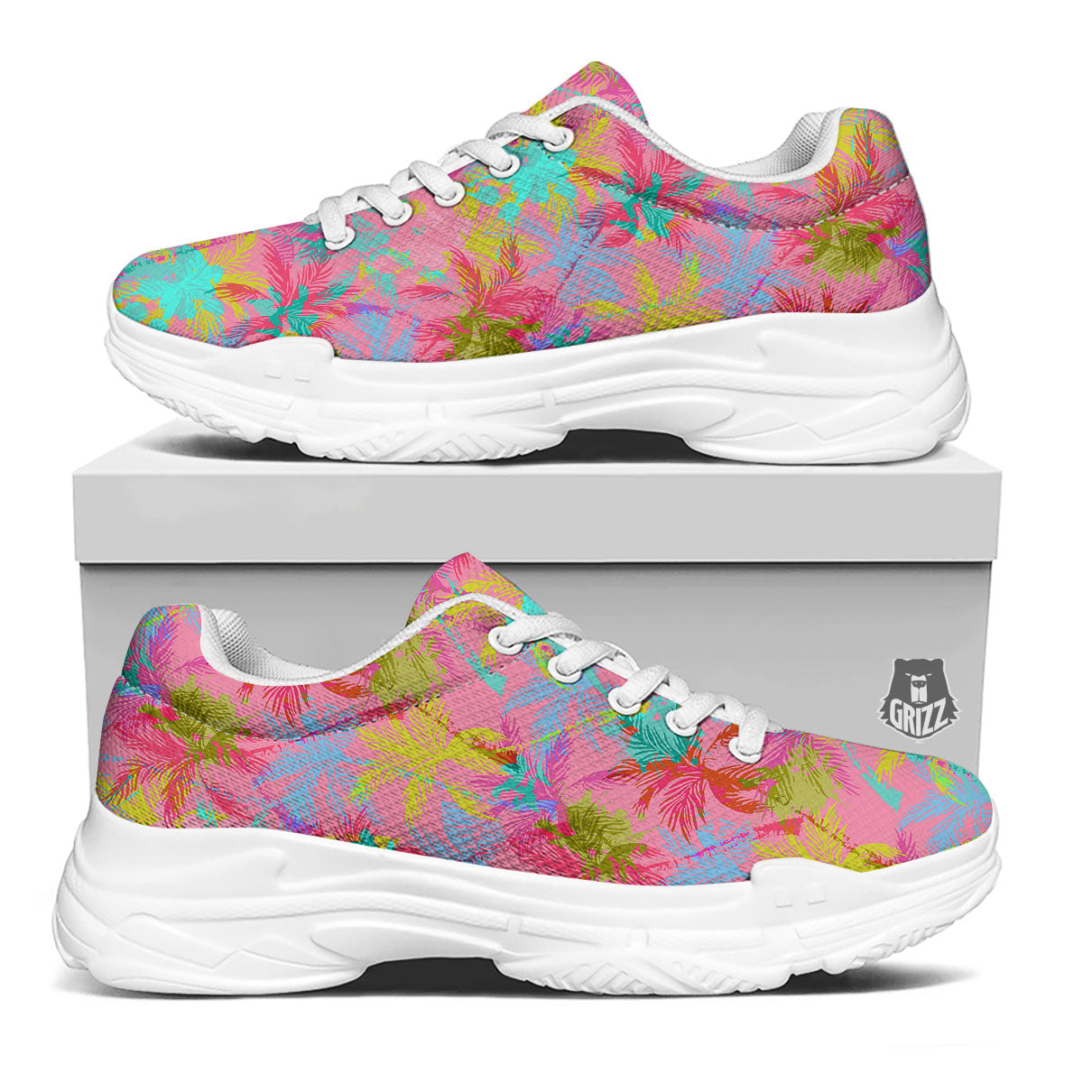 Palm Tree Rainbow Print Pattern White Chunky Shoes-grizzshop