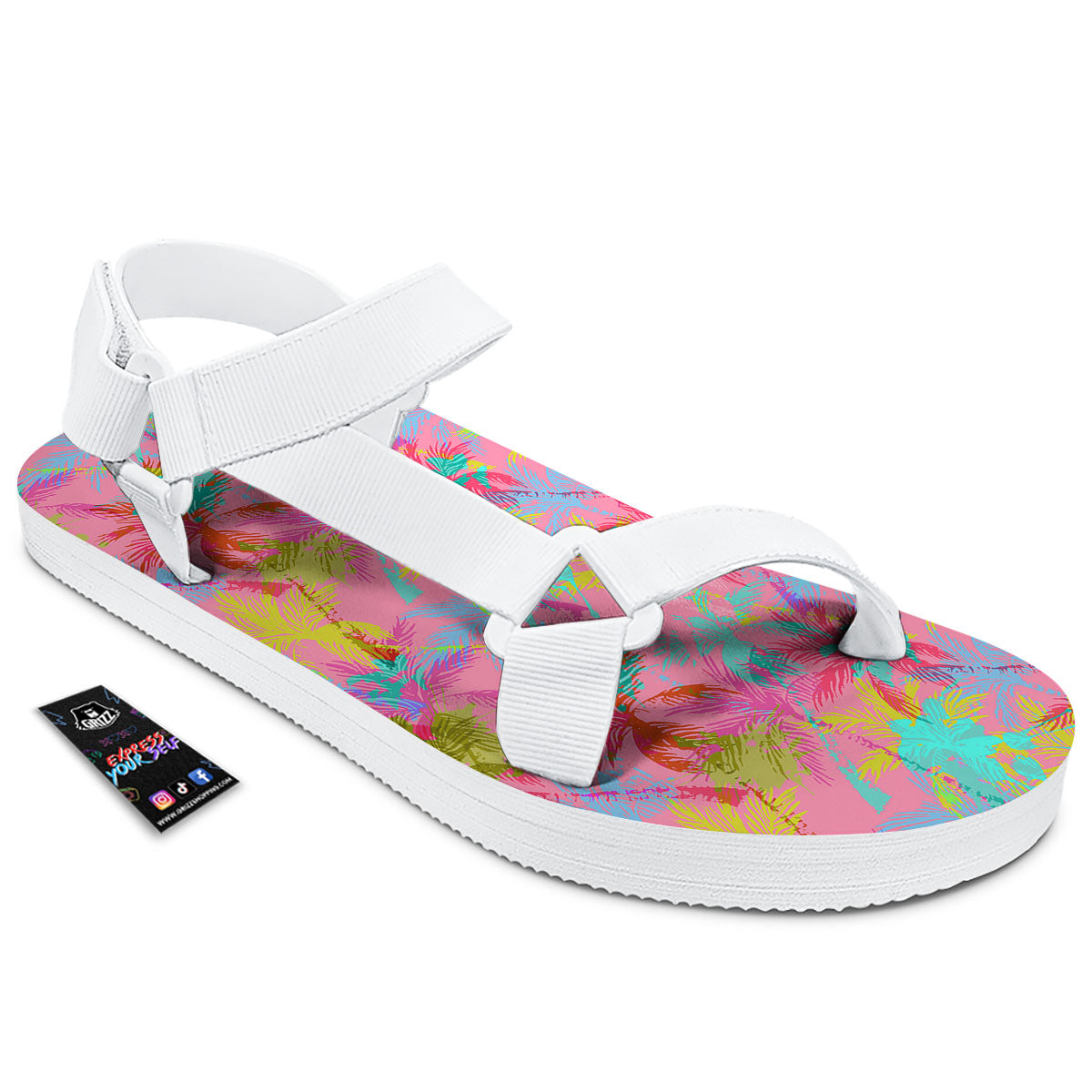 Palm Tree Rainbow Print Pattern White Open Toe Sandals-grizzshop