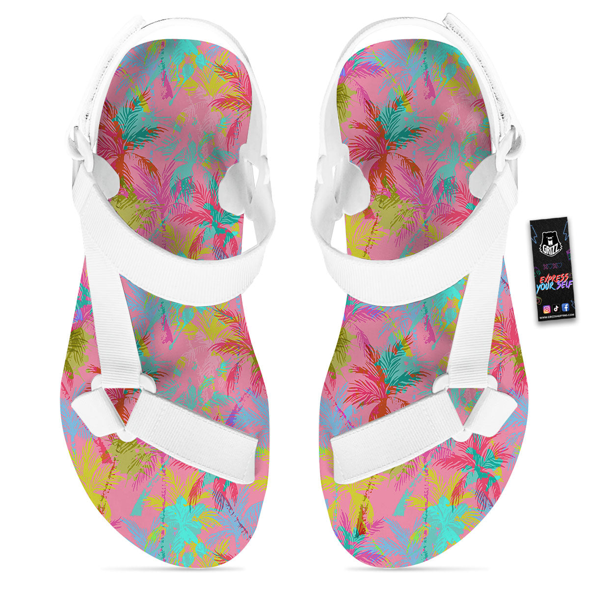 Palm Tree Rainbow Print Pattern White Open Toe Sandals-grizzshop