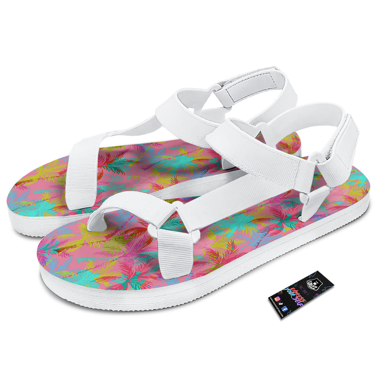 Palm Tree Rainbow Print Pattern White Open Toe Sandals-grizzshop