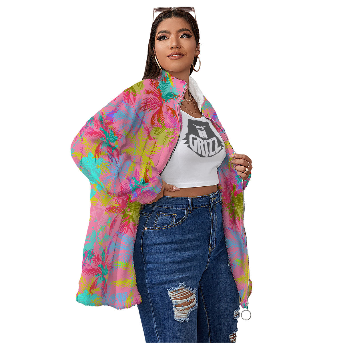 Palm Tree Rainbow Print Pattern Women's Sherpa Jacket-grizzshop