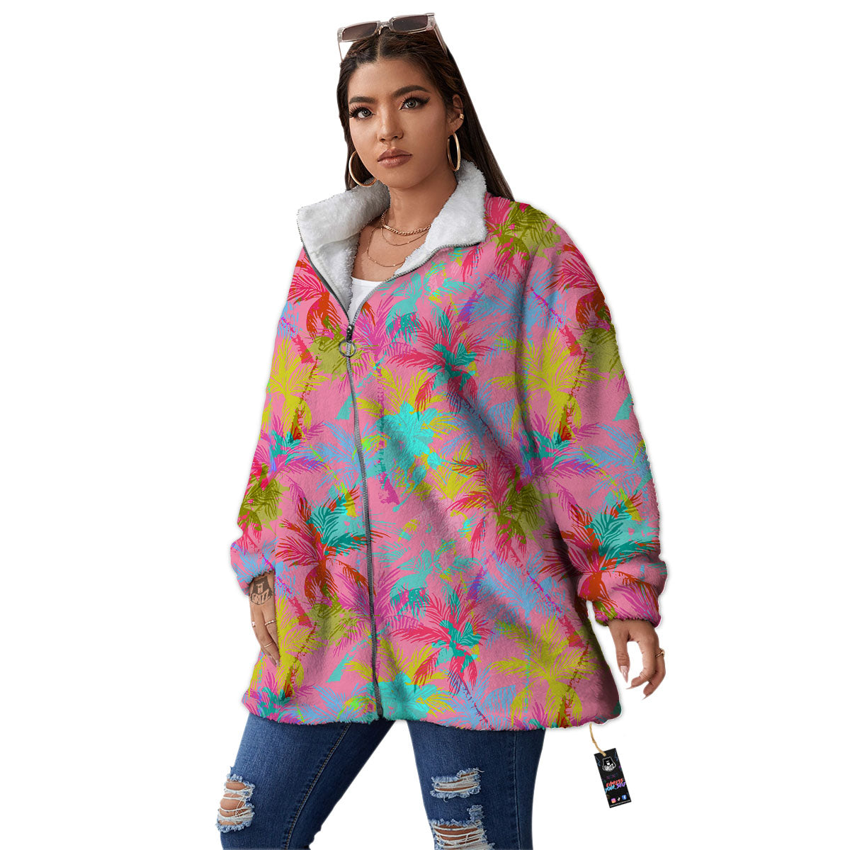 Palm Tree Rainbow Print Pattern Women's Sherpa Jacket-grizzshop
