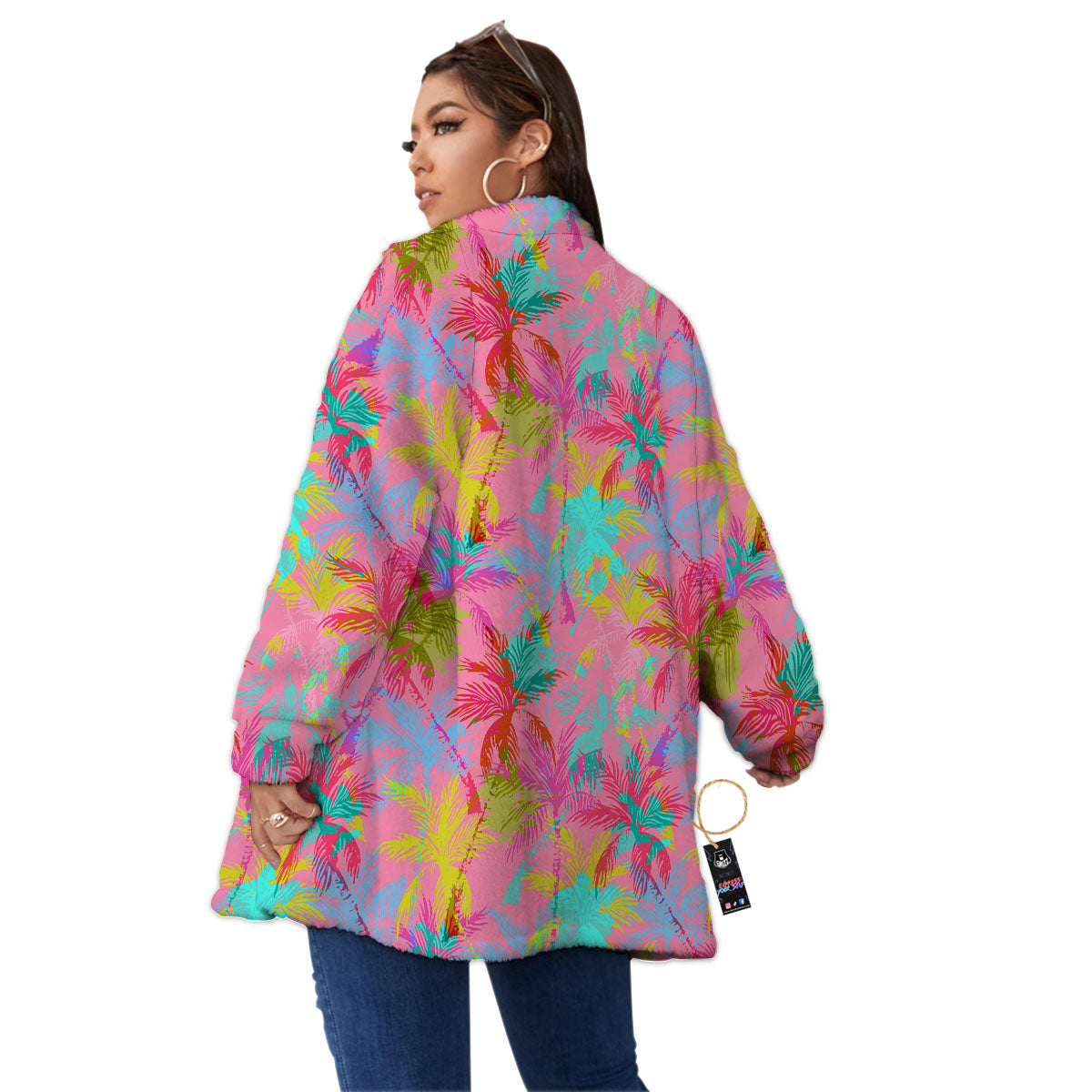 Palm Tree Rainbow Print Pattern Women's Sherpa Jacket-grizzshop