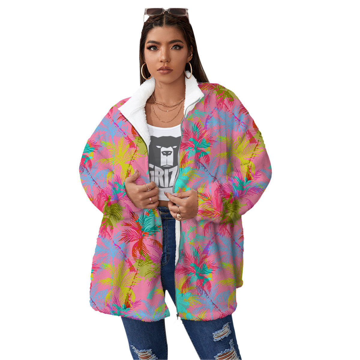 Palm Tree Rainbow Print Pattern Women's Sherpa Jacket-grizzshop