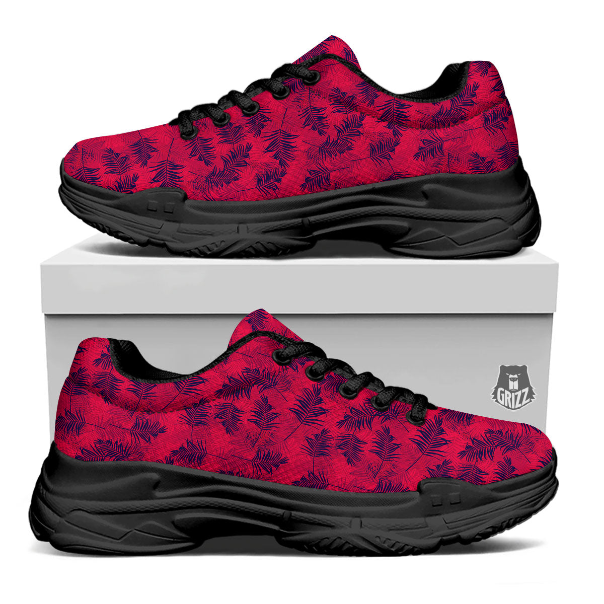 Palm Tree Red Print Pattern Black Chunky Shoes-grizzshop