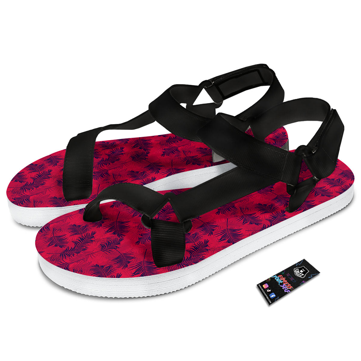 Palm Tree Red Print Pattern Black Open Toe Sandals-grizzshop