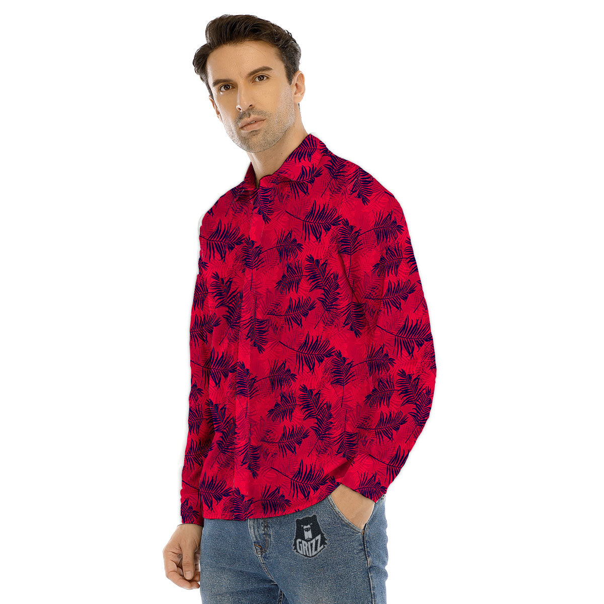 Palm Tree Red Print Pattern Men's Dress Shirts-grizzshop