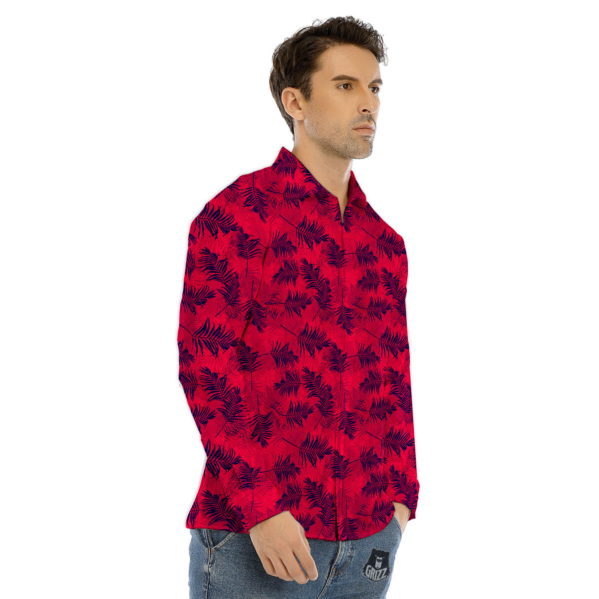 Palm Tree Red Print Pattern Men's Dress Shirts-grizzshop