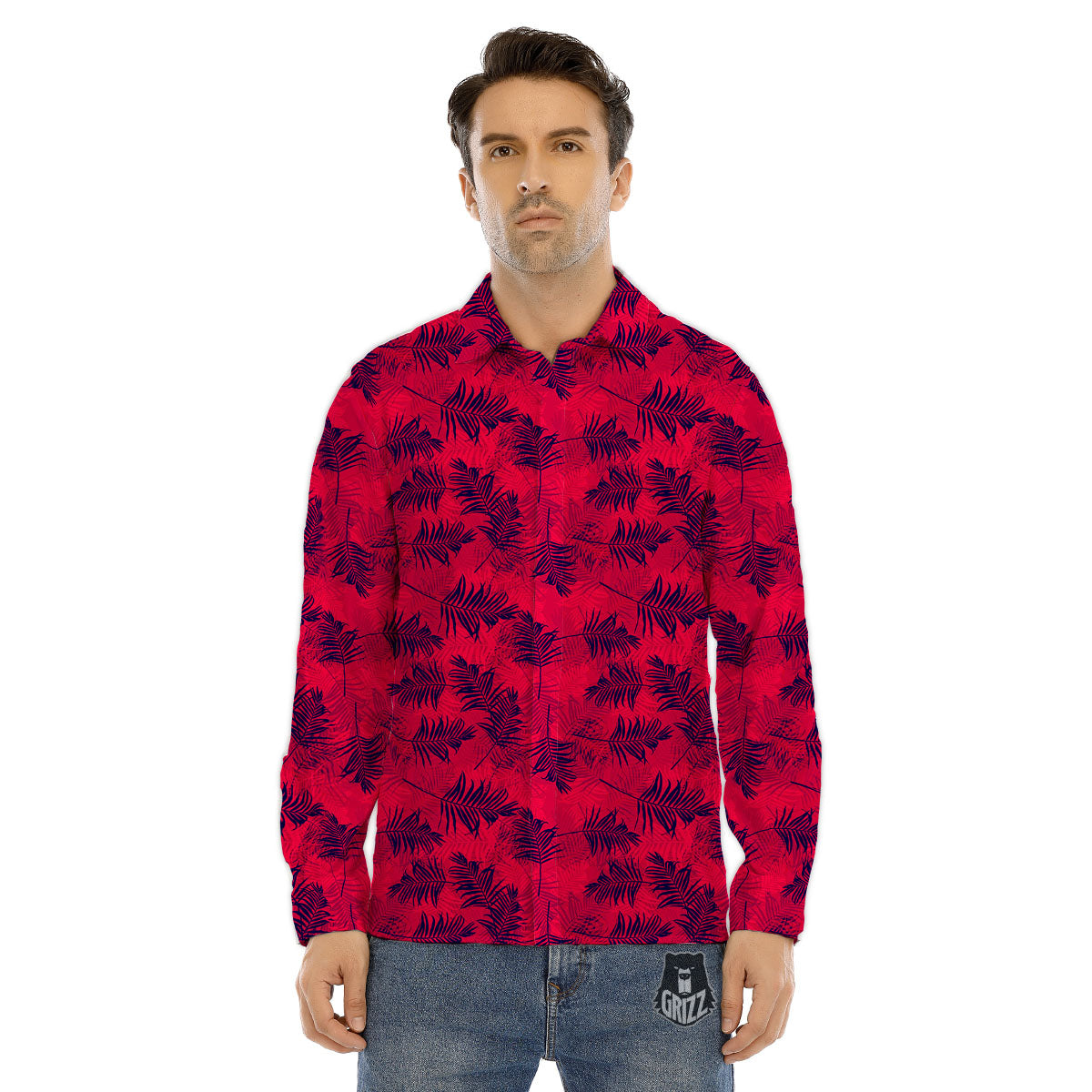 Palm Tree Red Print Pattern Men's Dress Shirts-grizzshop