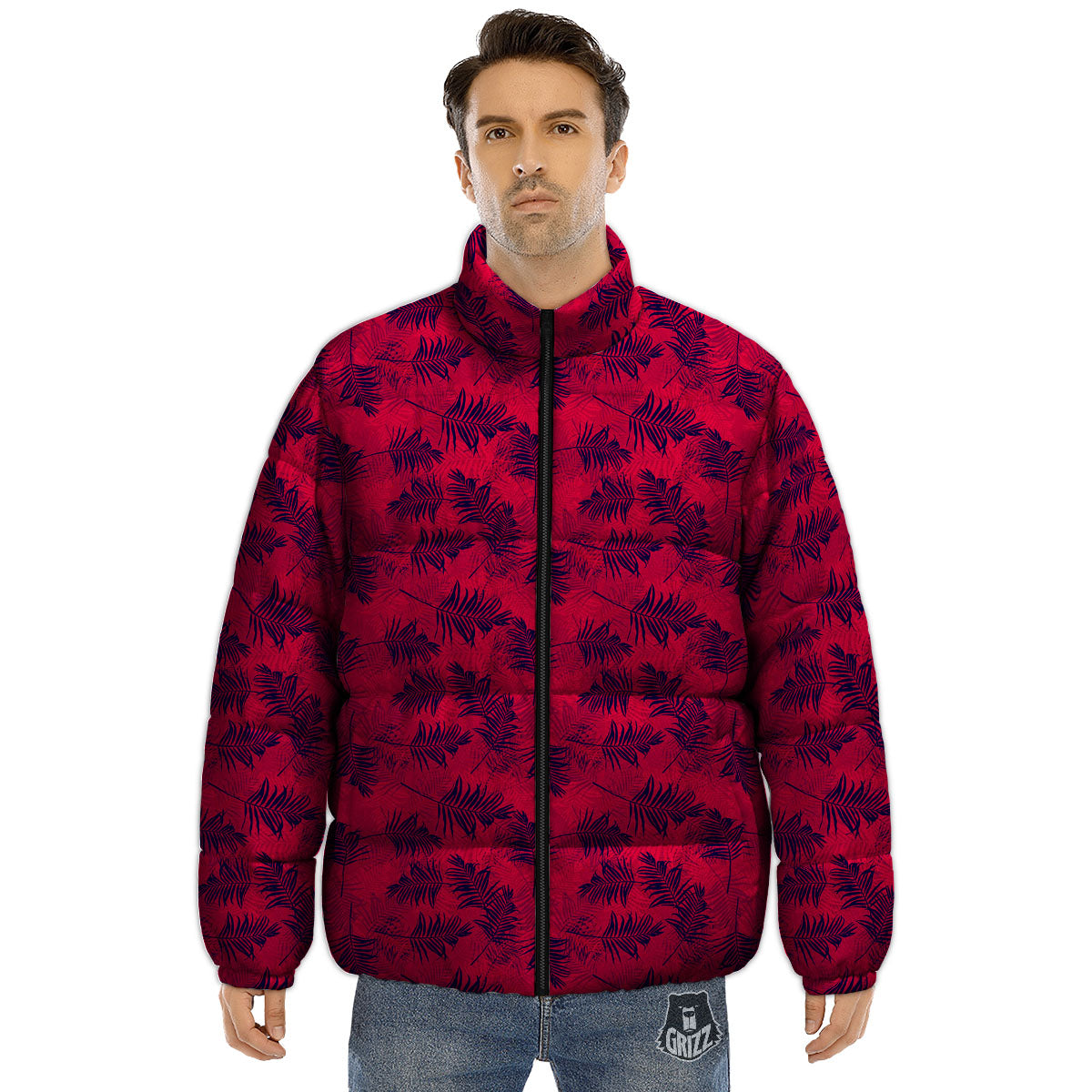 Palm Tree Red Print Pattern Puffer Jacket-grizzshop