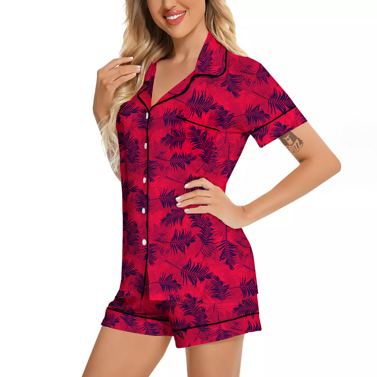 Palm Tree Red Print Pattern Women Silk Pajamas-grizzshop