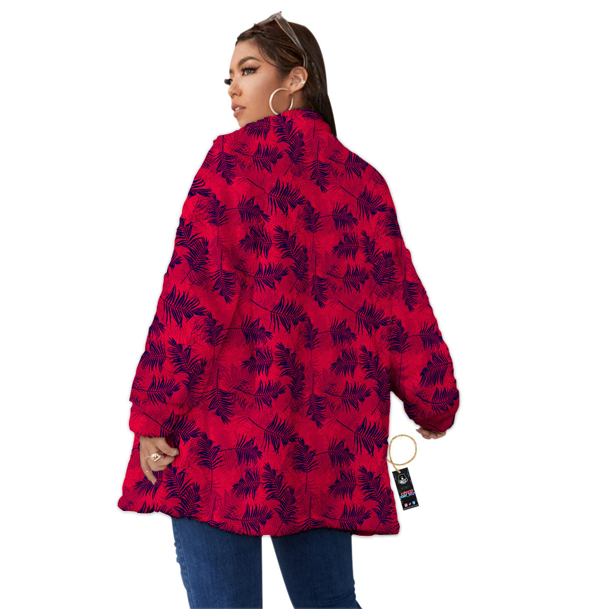 Palm Tree Red Print Pattern Women's Sherpa Jacket-grizzshop