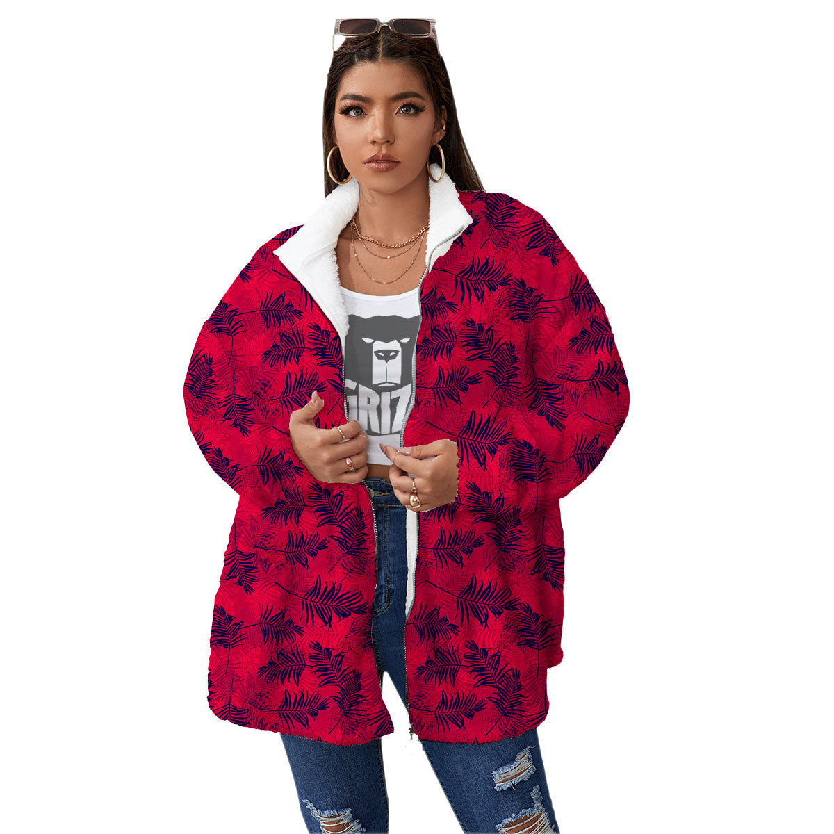 Palm Tree Red Print Pattern Women's Sherpa Jacket-grizzshop