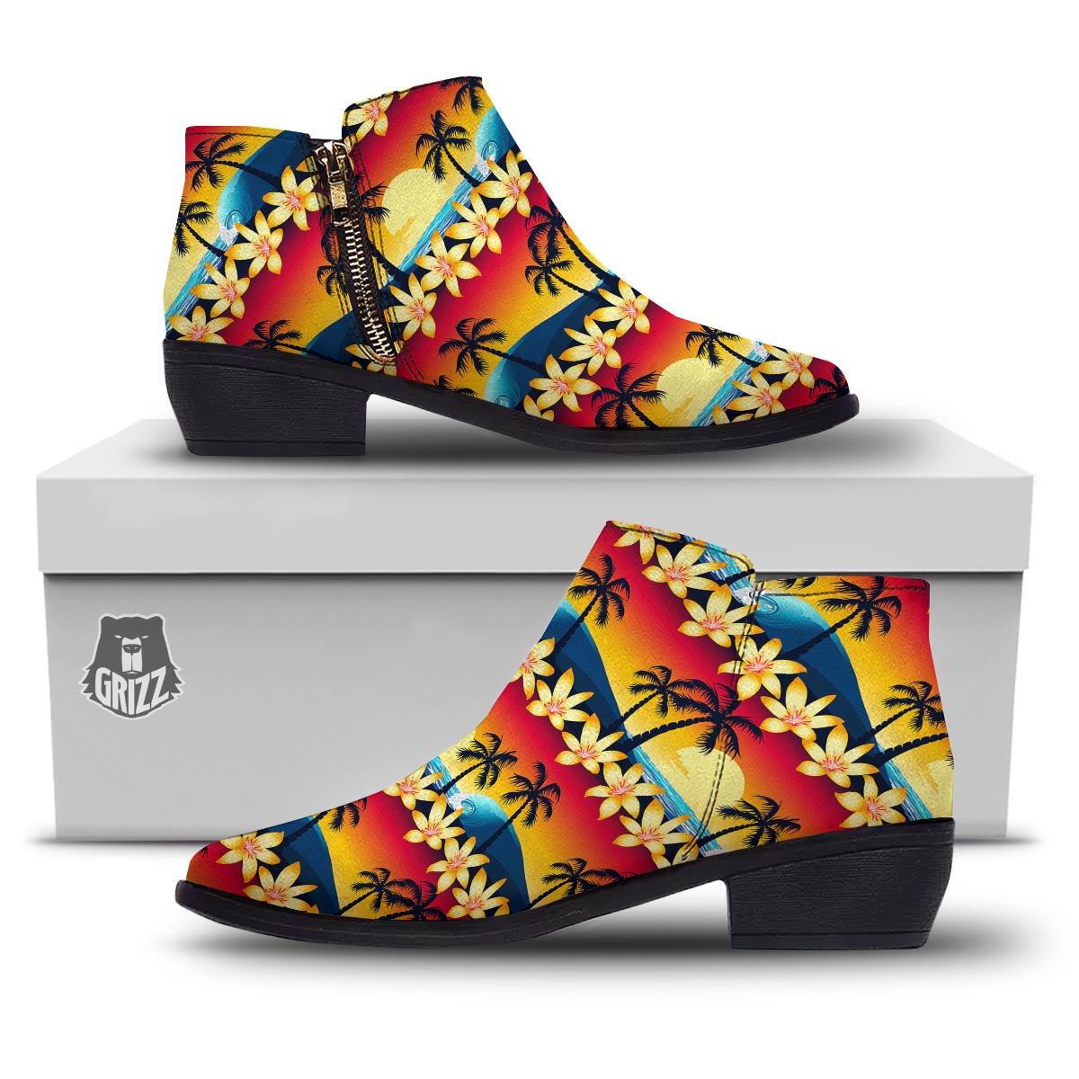 Palm Tree Sunset Hibiscus Print Pattern Ankle Boots-grizzshop