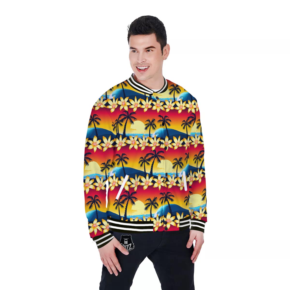 Palm Tree Sunset Hibiscus Print Pattern Baseball Jacket-grizzshop