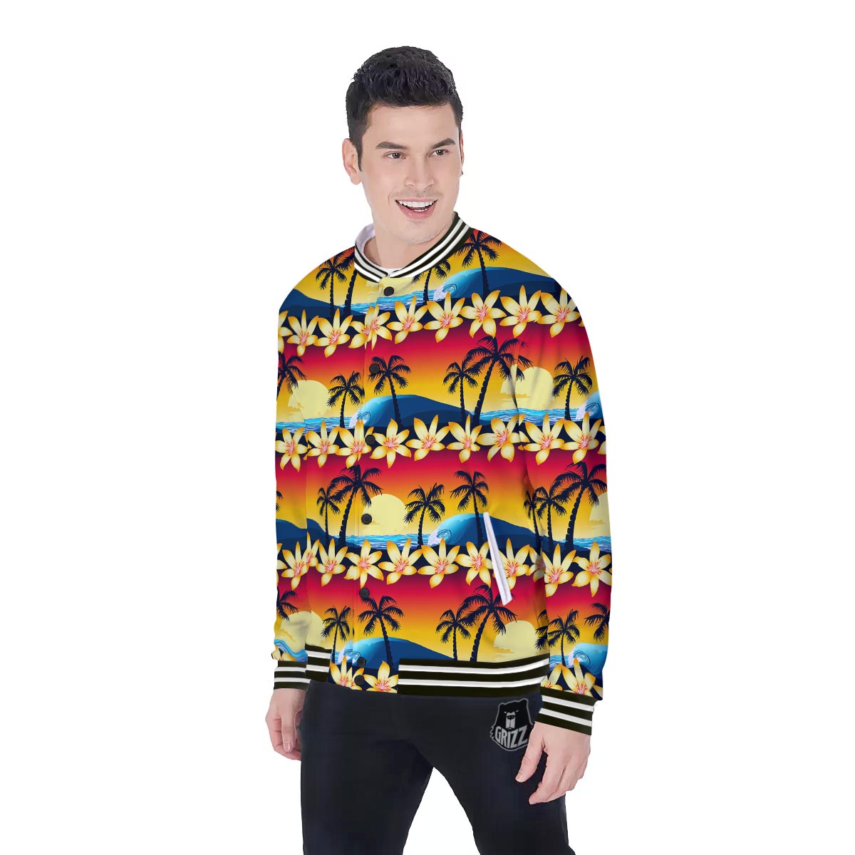Palm Tree Sunset Hibiscus Print Pattern Baseball Jacket-grizzshop