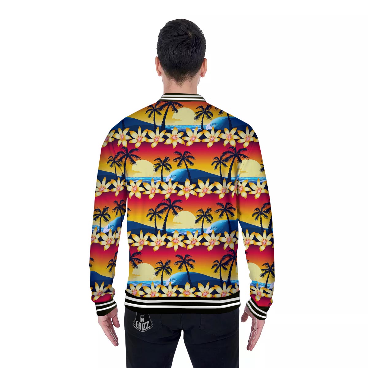Palm Tree Sunset Hibiscus Print Pattern Baseball Jacket-grizzshop