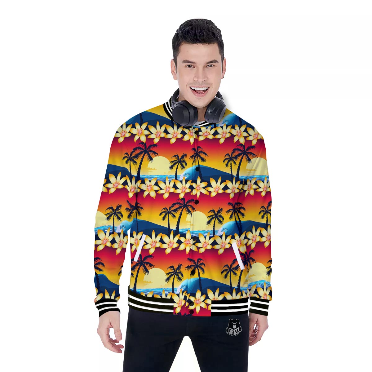 Palm Tree Sunset Hibiscus Print Pattern Baseball Jacket-grizzshop