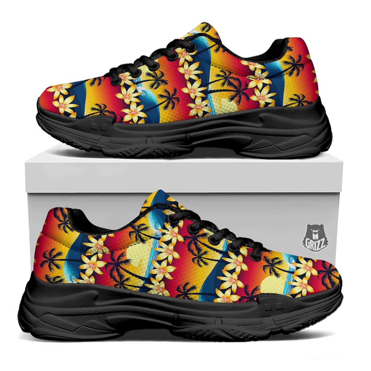 Palm Tree Sunset Hibiscus Print Pattern Black Chunky Shoes-grizzshop