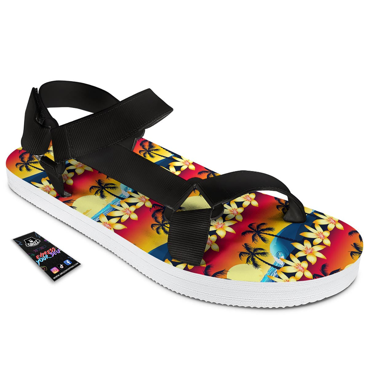 Palm Tree Sunset Hibiscus Print Pattern Black Open Toe Sandals-grizzshop