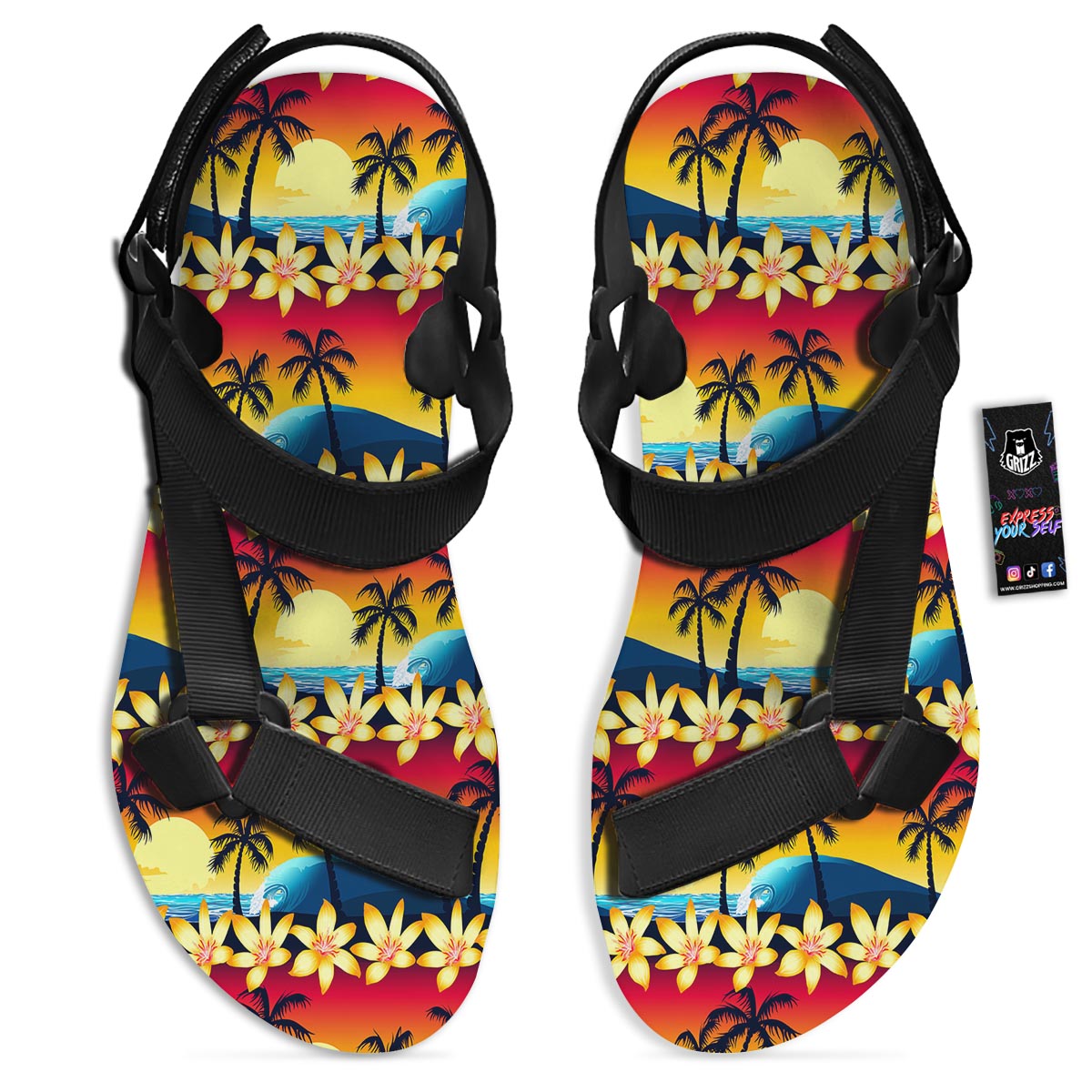 Palm Tree Sunset Hibiscus Print Pattern Black Open Toe Sandals-grizzshop