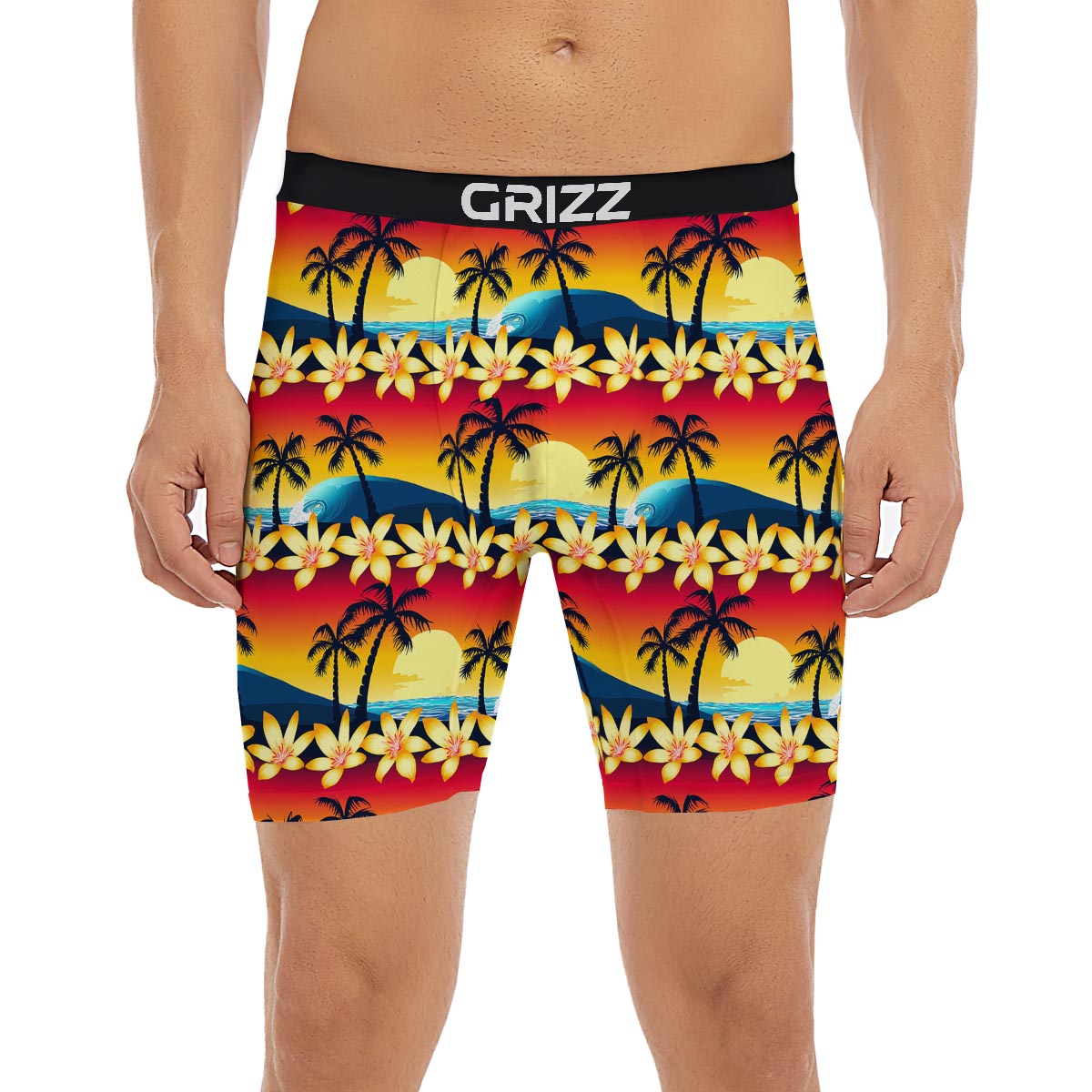 Palm Tree Sunset Hibiscus Print Pattern Boxer Briefs-grizzshop