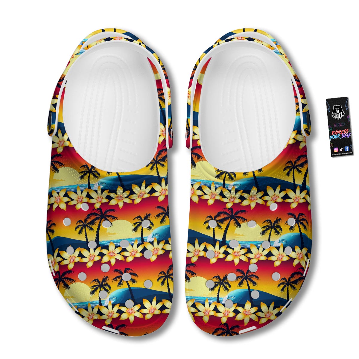 Palm Tree Sunset Hibiscus Print Pattern Clog-grizzshop