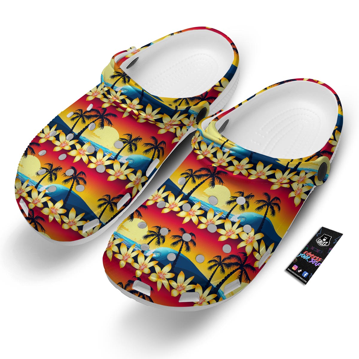 Palm Tree Sunset Hibiscus Print Pattern Clog-grizzshop