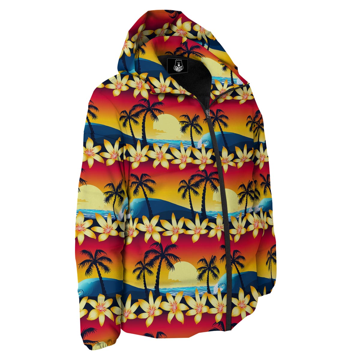 Palm Tree Sunset Hibiscus Print Pattern Down Jacket-grizzshop