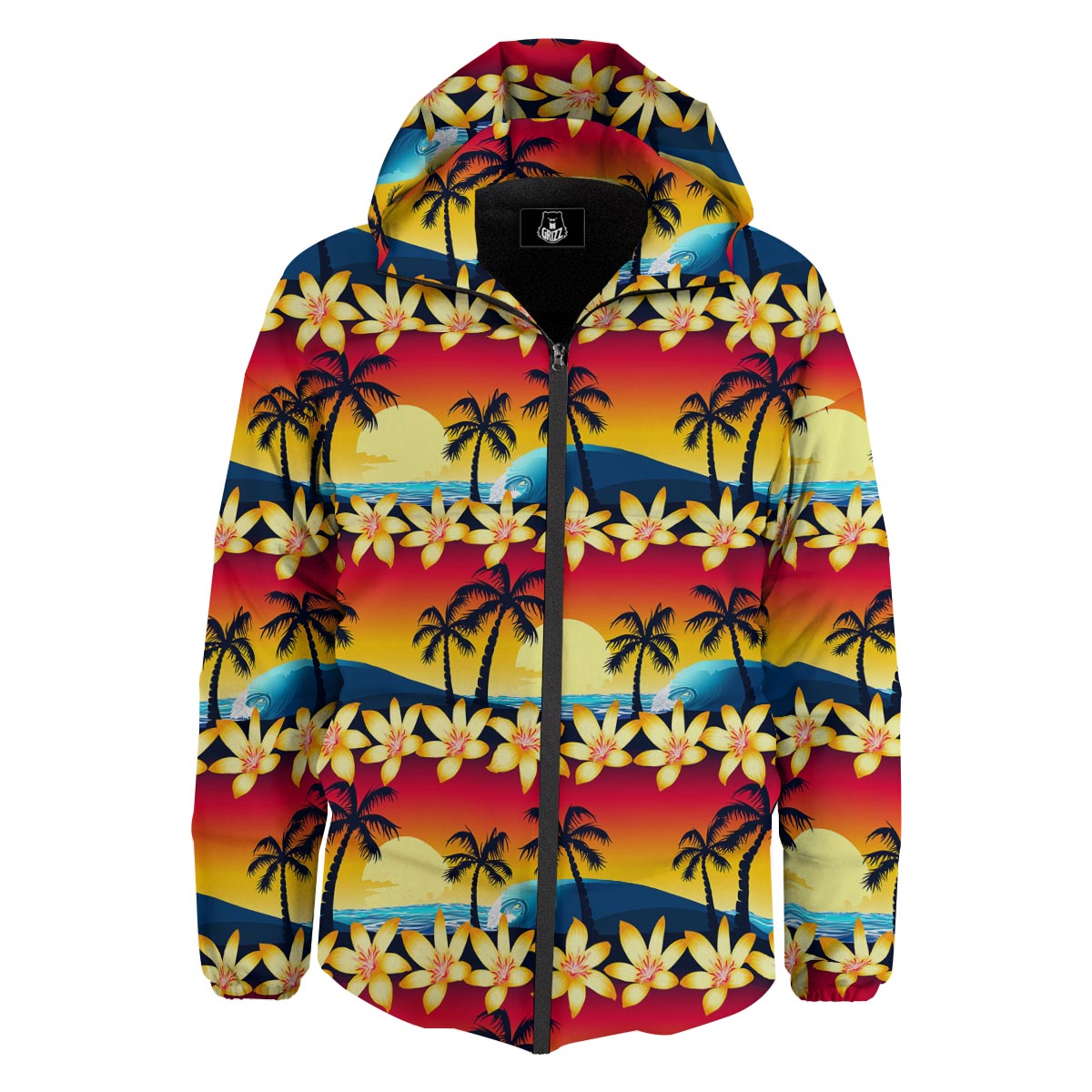Palm Tree Sunset Hibiscus Print Pattern Down Jacket-grizzshop