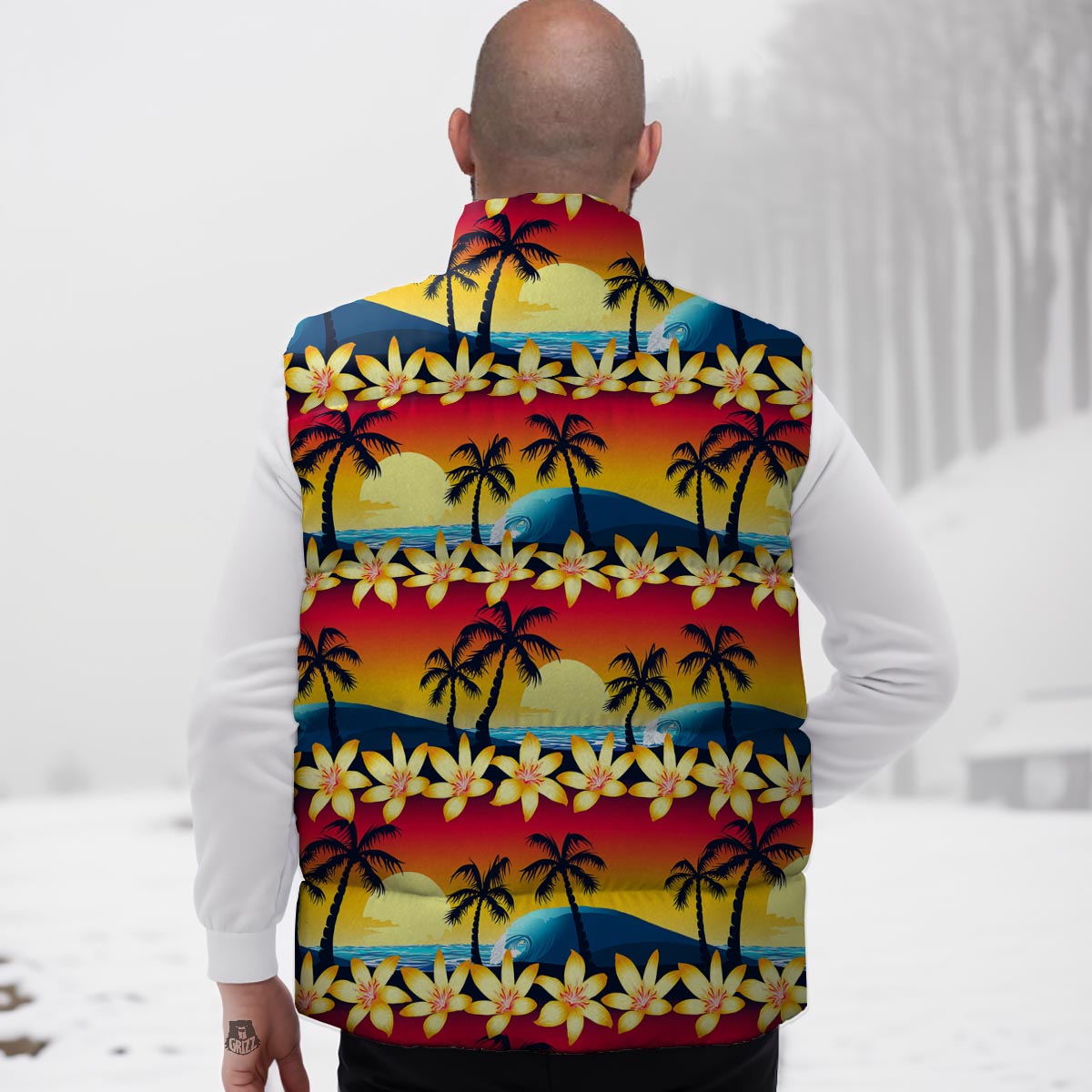 Palm Tree Sunset Hibiscus Print Pattern Down Vest