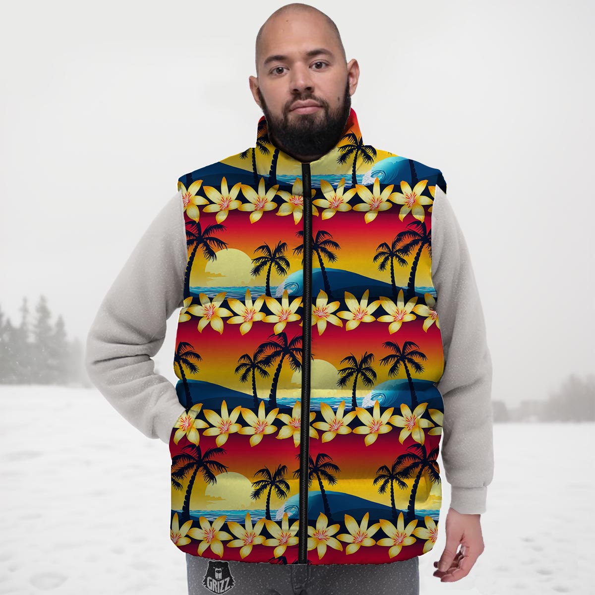 Palm Tree Sunset Hibiscus Print Pattern Down Vest