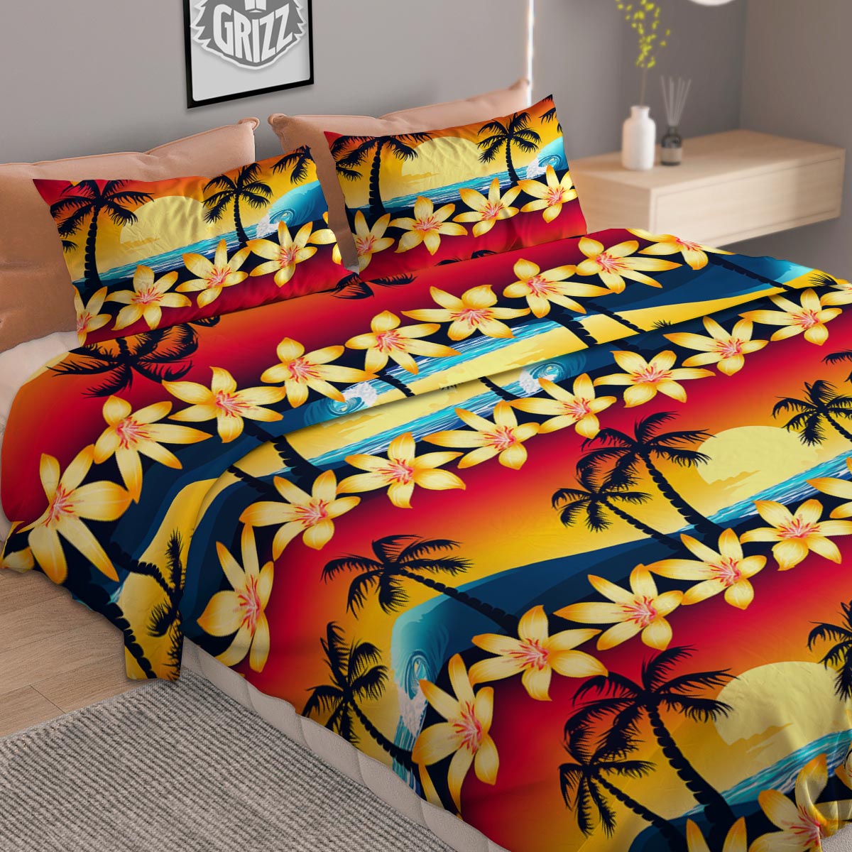 Palm Tree Sunset Hibiscus Print Pattern Duvet Cover Bedding Set