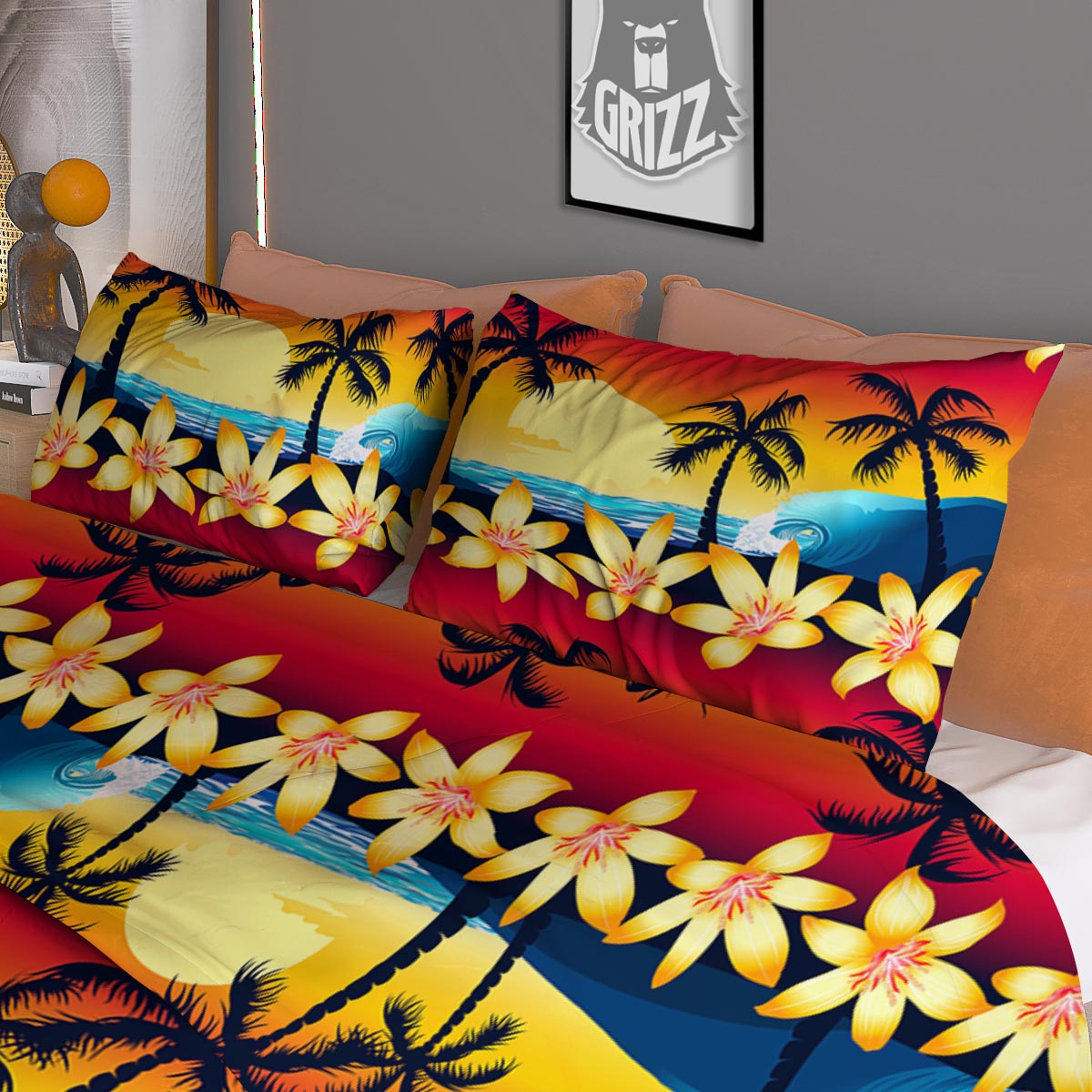 Palm Tree Sunset Hibiscus Print Pattern Duvet Cover Bedding Set