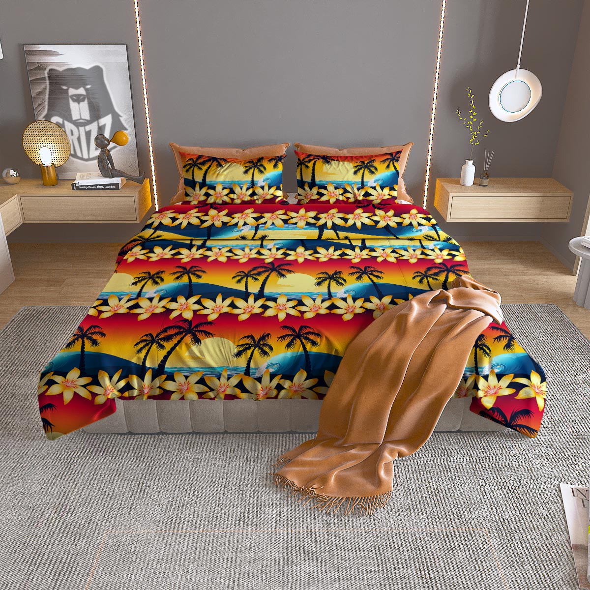 Palm Tree Sunset Hibiscus Print Pattern Duvet Cover Bedding Set
