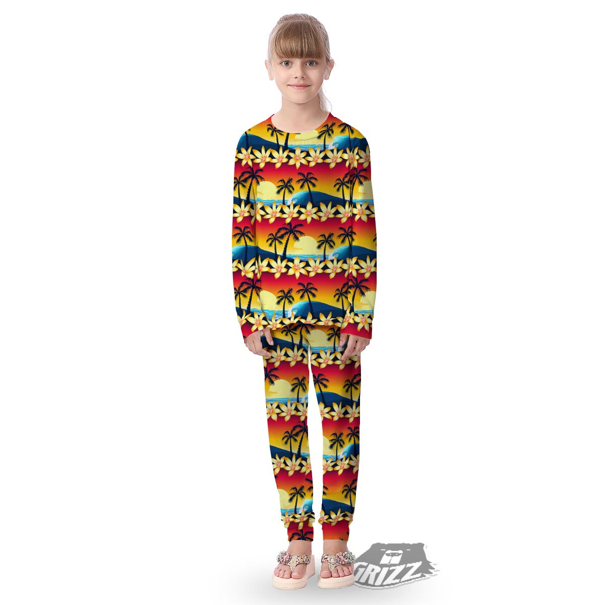 Palm Tree Sunset Hibiscus Print Pattern Kid's Pajamas-grizzshop