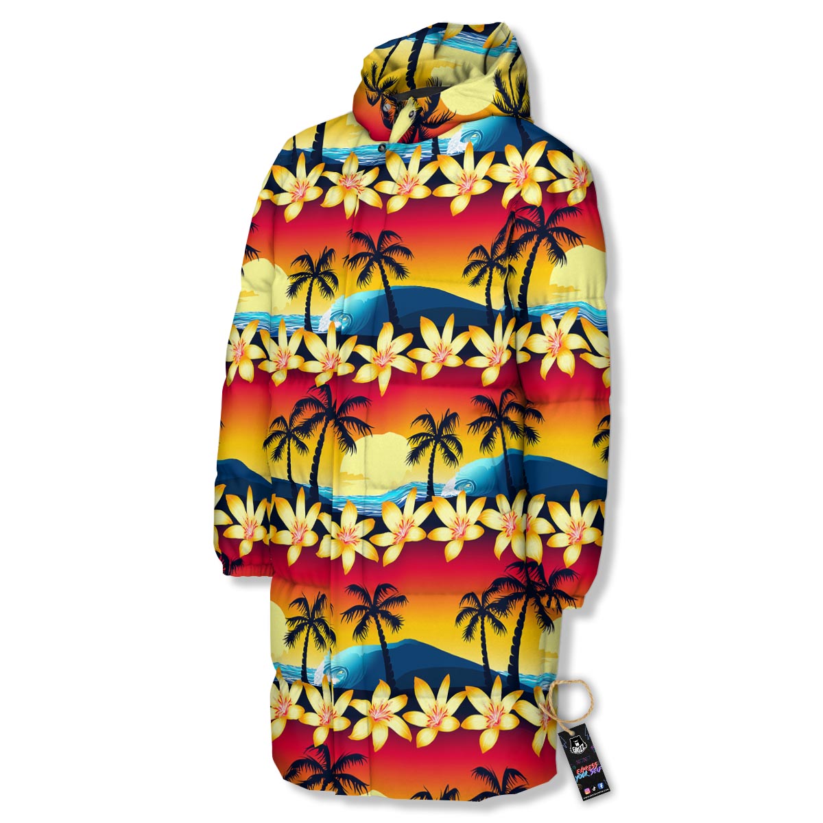 Palm Tree Sunset Hibiscus Print Pattern Long Down Jacket-grizzshop