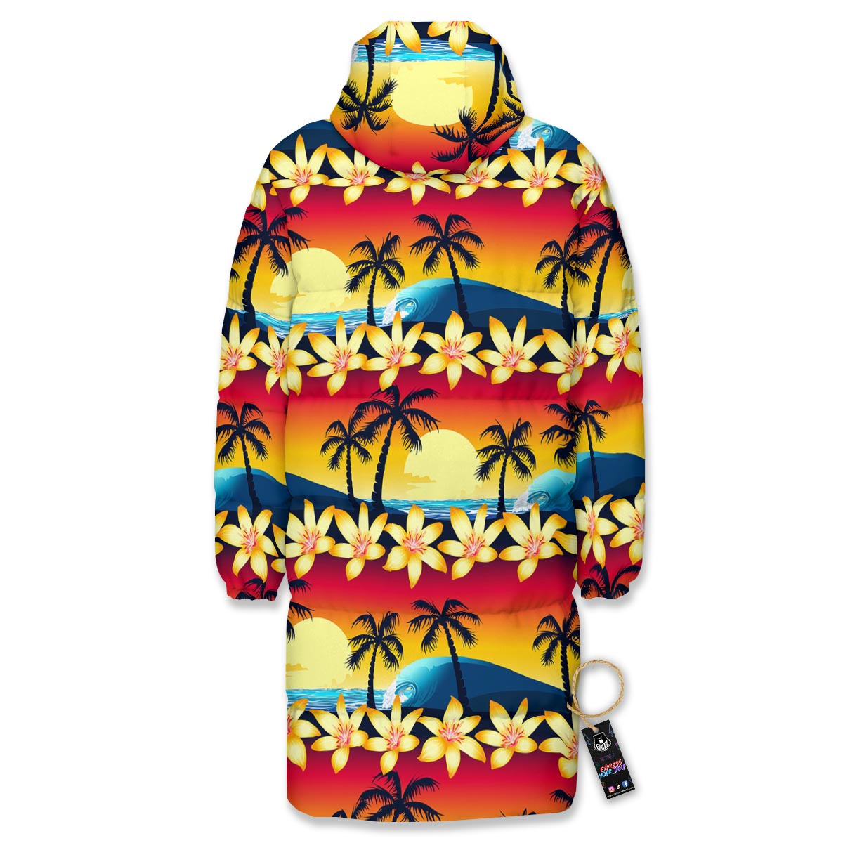 Palm Tree Sunset Hibiscus Print Pattern Long Down Jacket-grizzshop