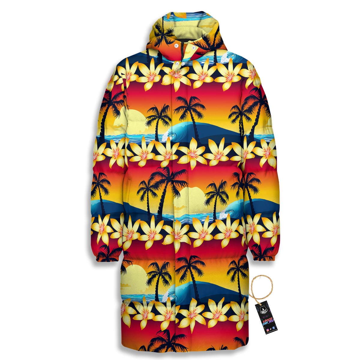 Palm Tree Sunset Hibiscus Print Pattern Long Down Jacket-grizzshop