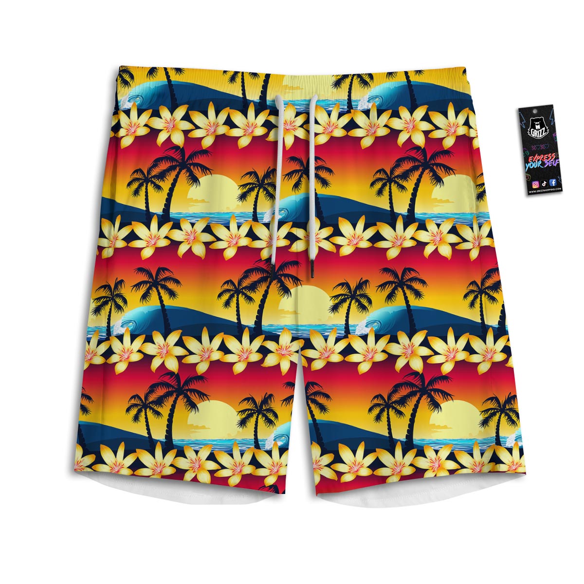 Palm Tree Sunset Hibiscus Print Pattern Men's Athletic Shorts