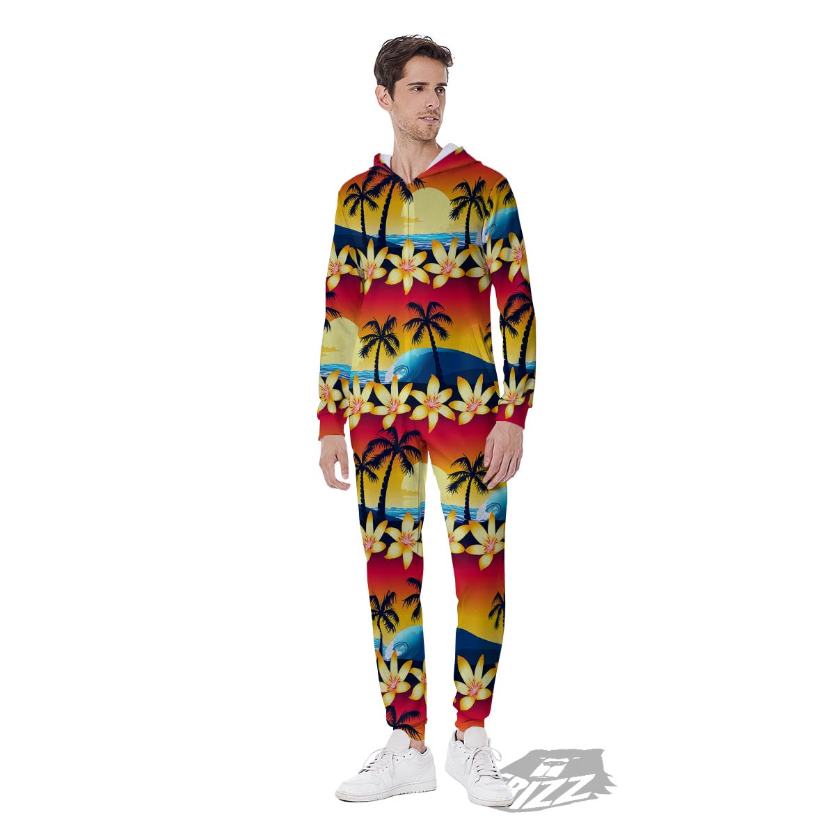 Palm Tree Sunset Hibiscus Print Pattern Men's Jumpsuit-grizzshop