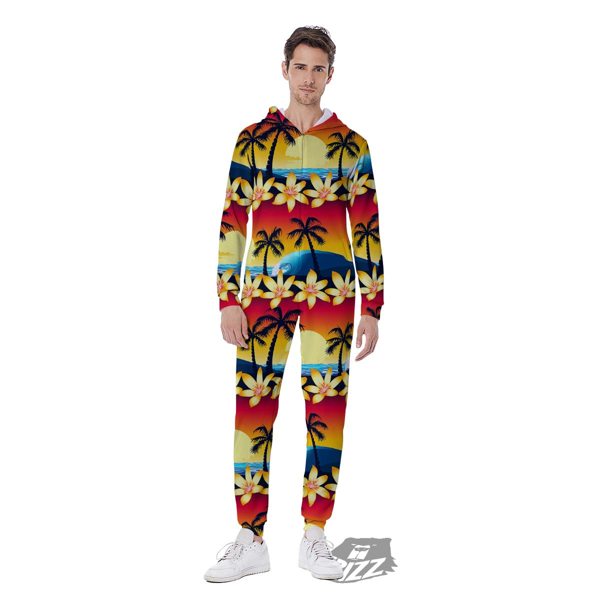 Palm Tree Sunset Hibiscus Print Pattern Men's Jumpsuit-grizzshop