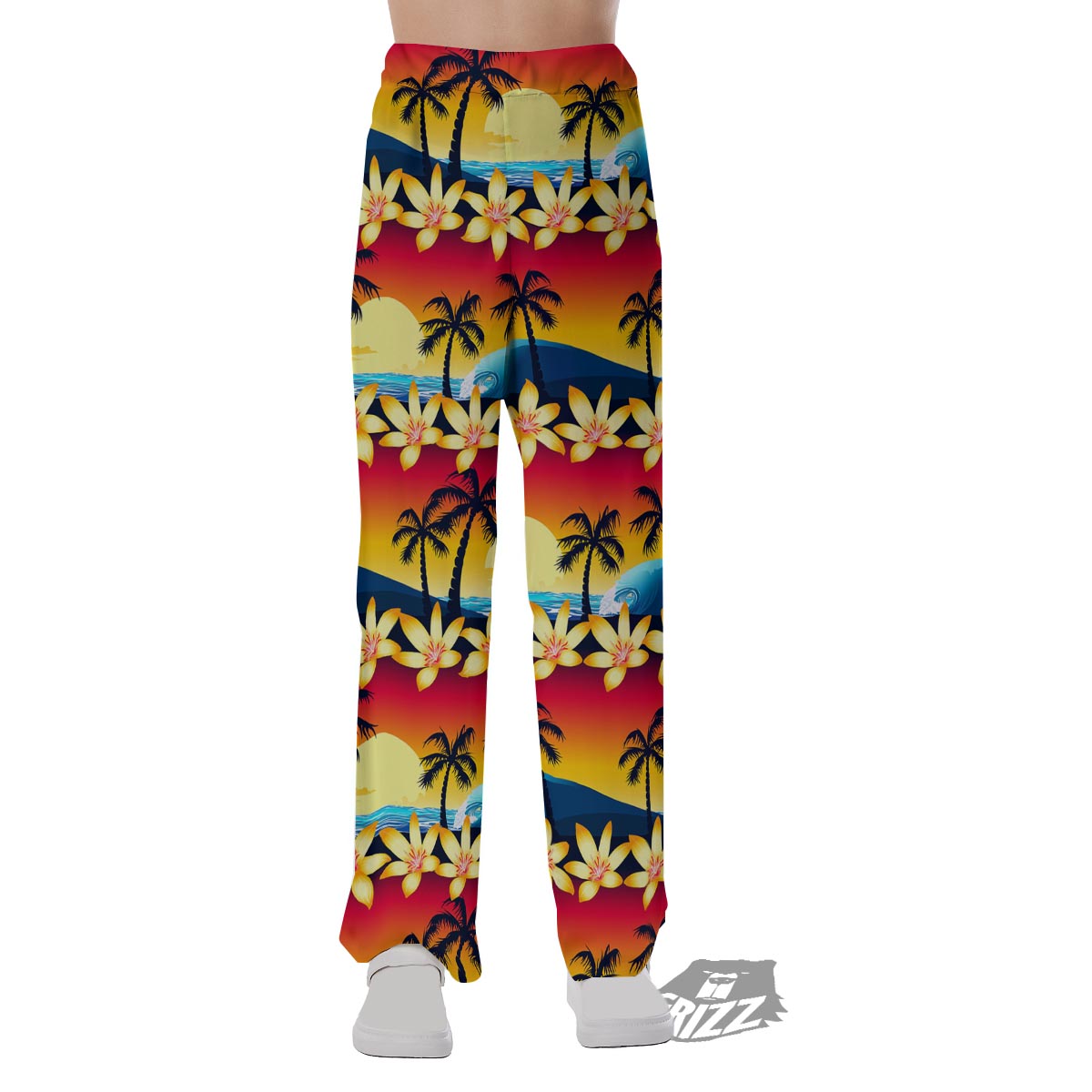 Palm Tree Sunset Hibiscus Print Pattern Pajama Pants-grizzshop