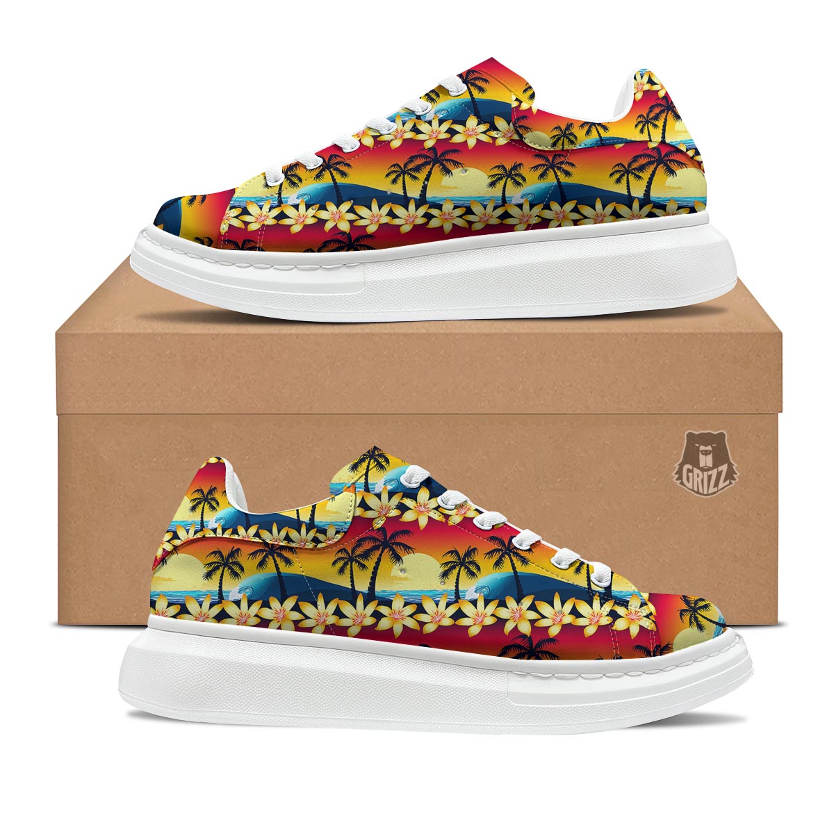 Palm Tree Sunset Hibiscus Print Pattern Platform Shoes-grizzshop