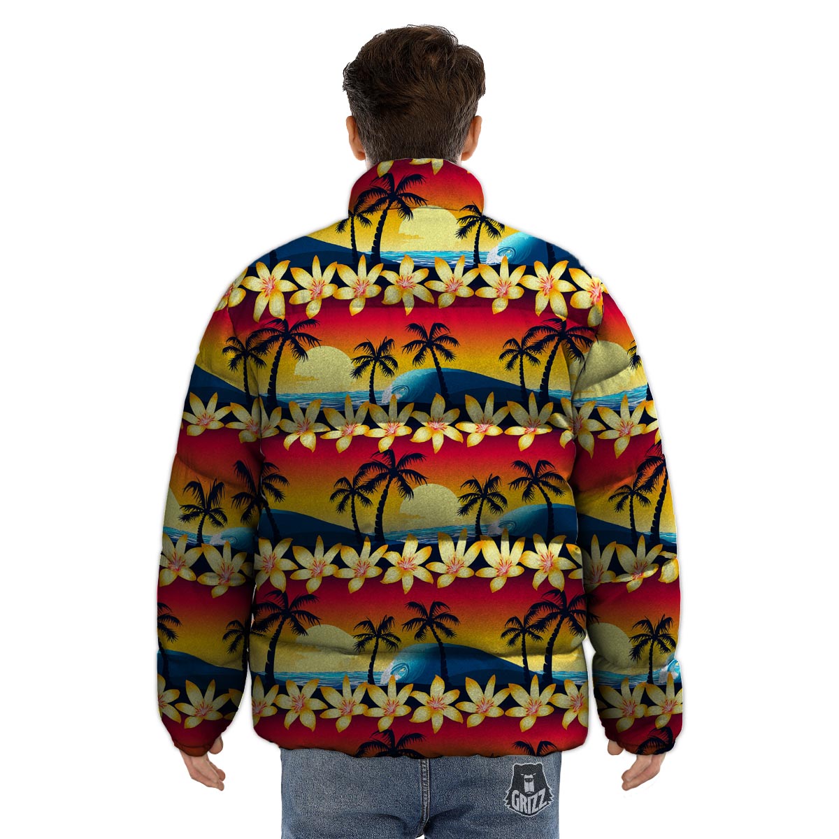 Palm Tree Sunset Hibiscus Print Pattern Puffer Jacket-grizzshop