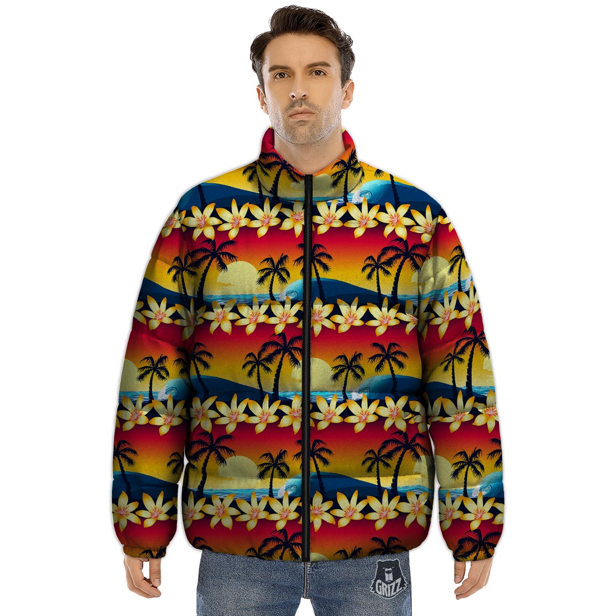 Palm Tree Sunset Hibiscus Print Pattern Puffer Jacket-grizzshop