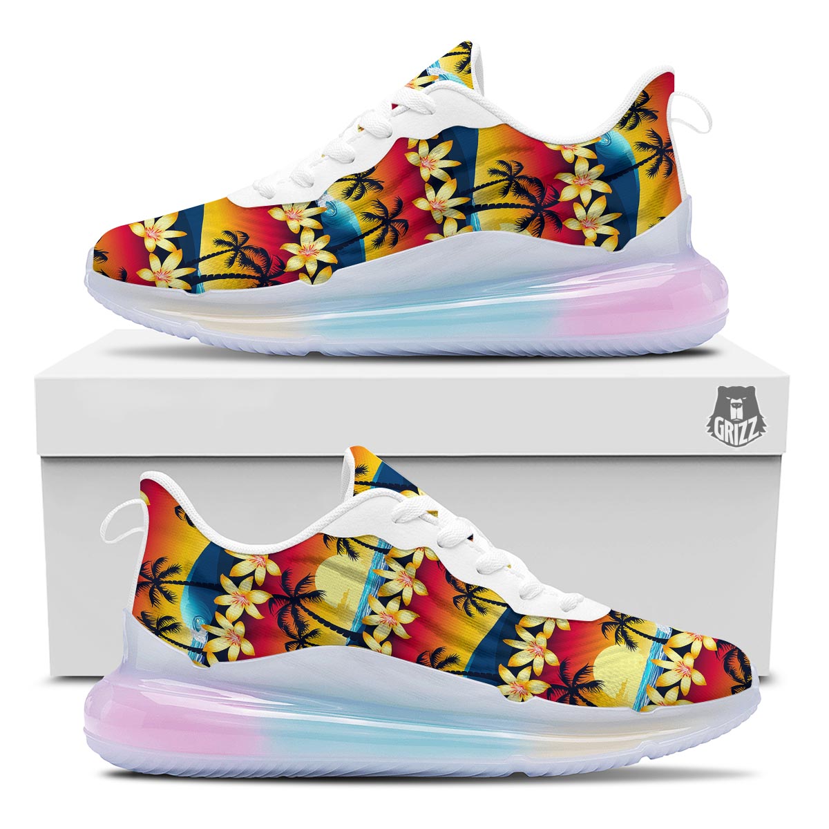 Palm Tree Sunset Hibiscus Print Pattern Running Sneakers-grizzshop