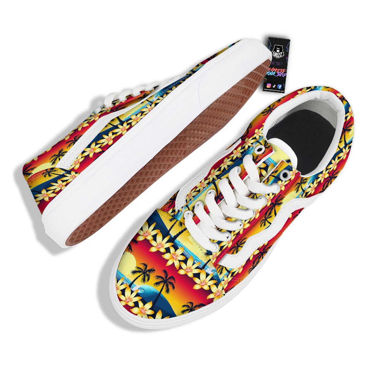 Palm Tree Sunset Hibiscus Print Pattern Skate Shoes-grizzshop