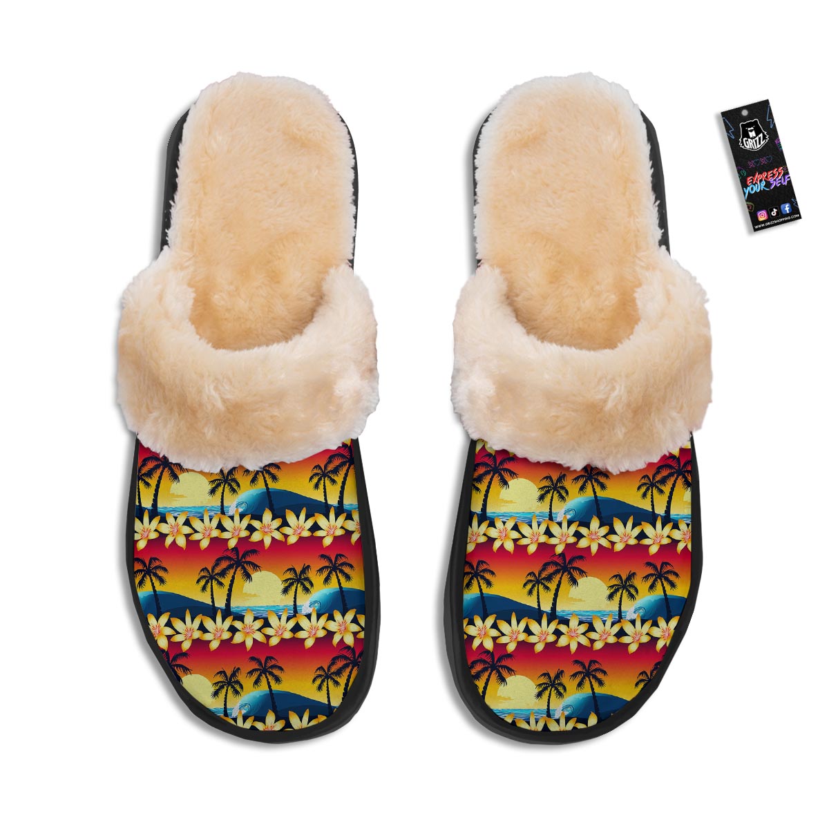 Palm Tree Sunset Hibiscus Print Pattern Slippers-grizzshop